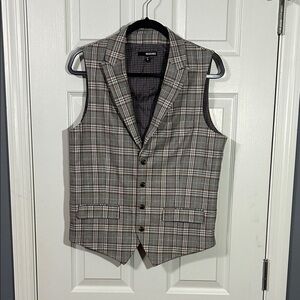 Murano Men’s/Unisex Plaid Vest in Gray and Brown. Faux pockets. Size M